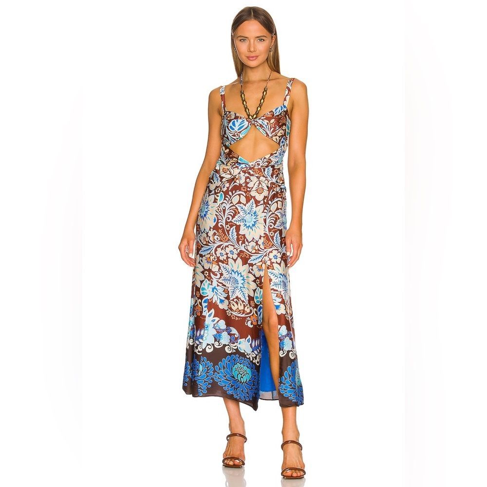 Alexis Brown And Blue Floral Cutout Midi Dress